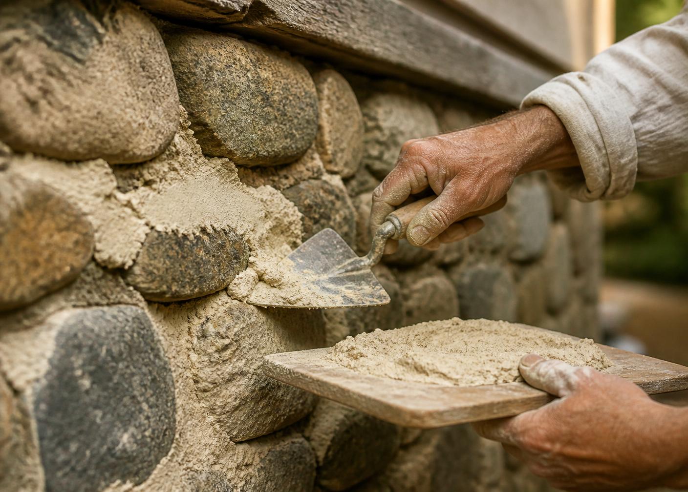 Traditional lime mortar being applied to fieldstone with a trowel