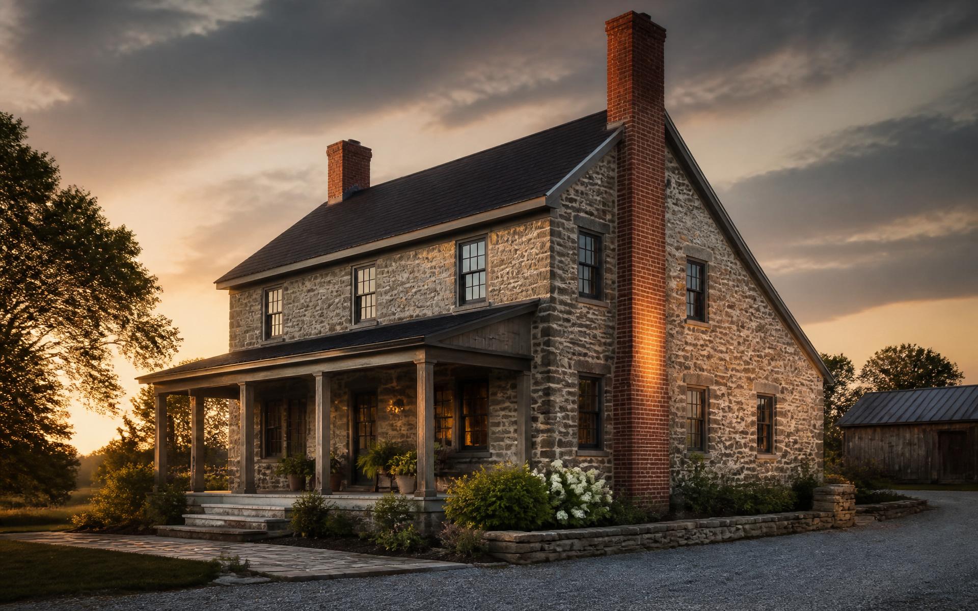 Restored 19th century Ontario stone farmhouse at golden hour